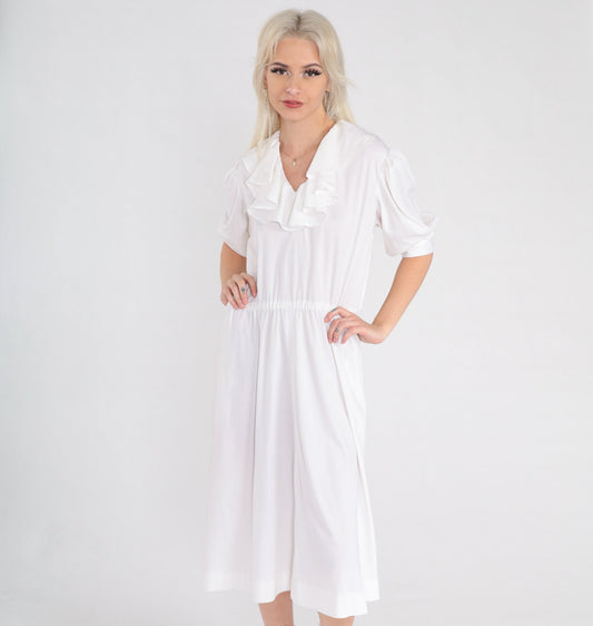 70s White Ruffle Midi Dress Puff Sleeve High Waist V Neck Medium Large