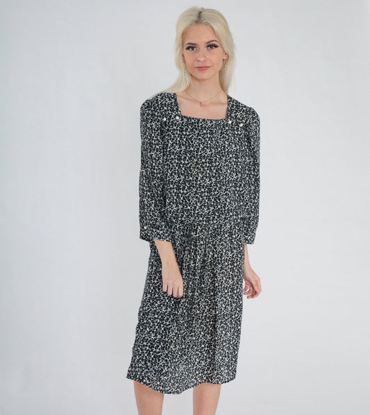 90s Black and White Floral Midi Dress Puff Sleeve Square Neckline Large
