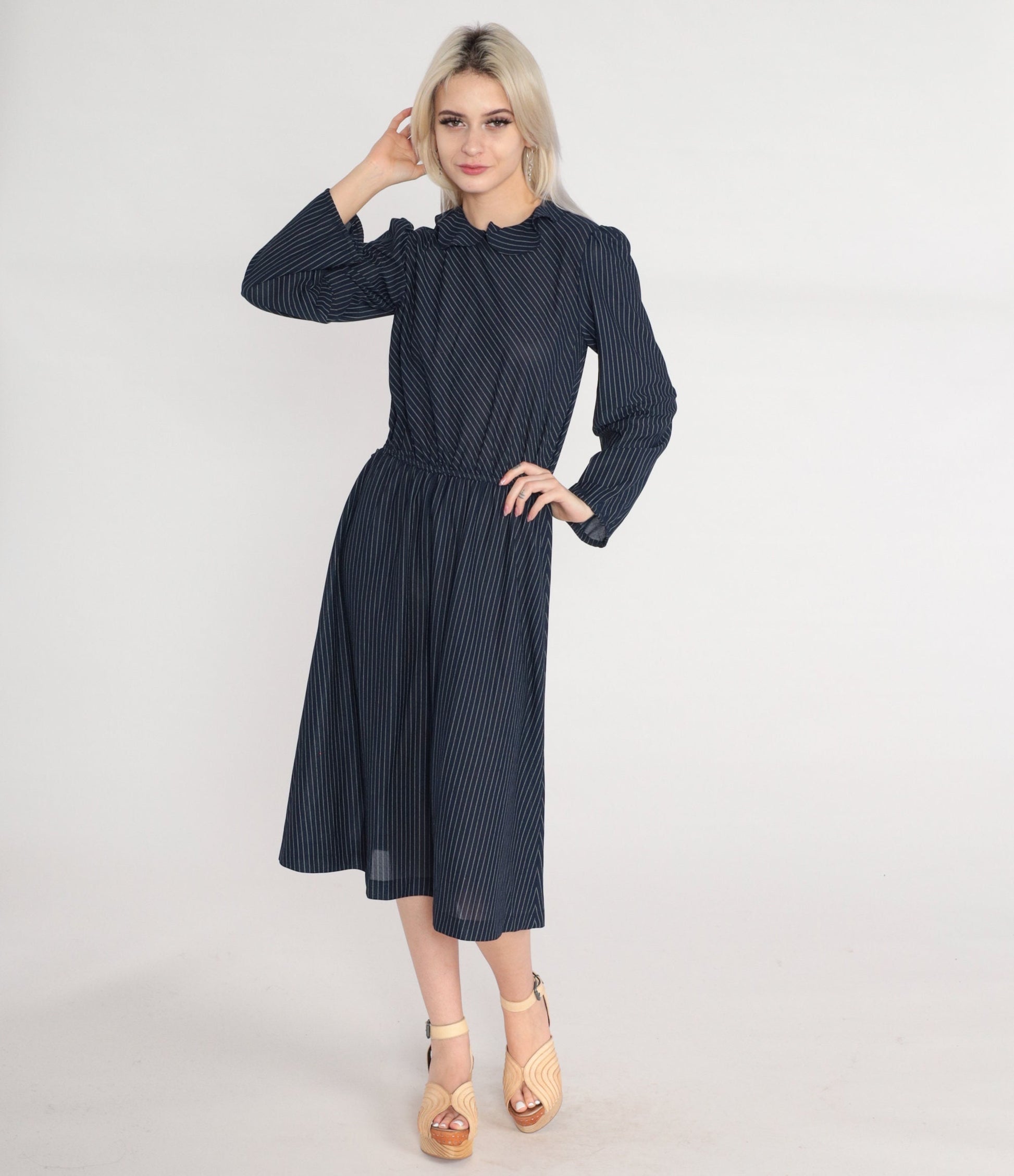 70s Navy Striped Midi Dress Puff Sleeve High Waist Ruffle Collar Small