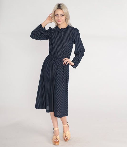 70s Navy Striped Midi Dress Puff Sleeve High Waist Ruffle Collar Small
