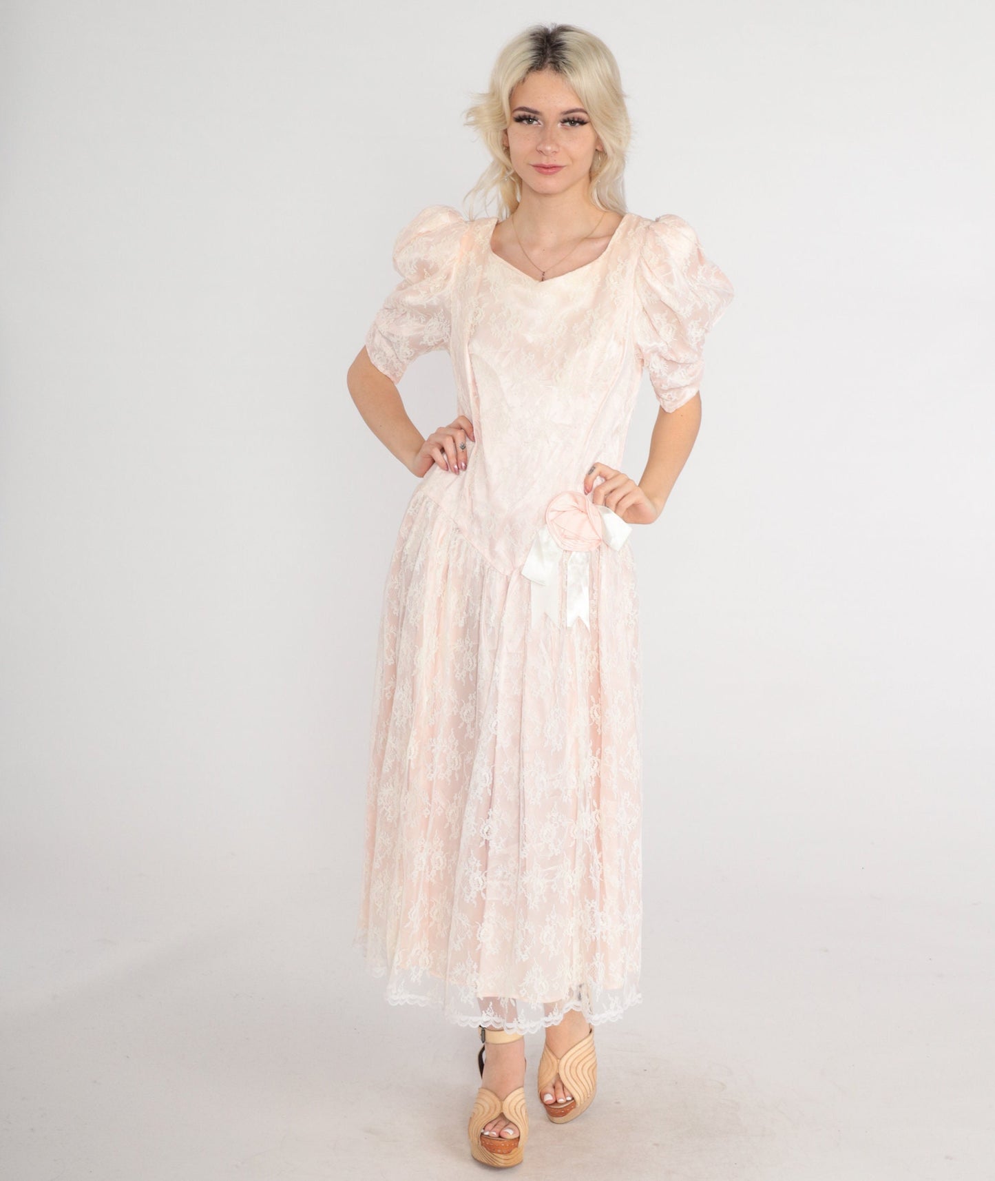 80s Gunne Sax Midi Dress Pink Lace Puff Sleeve Basque Waist Medium