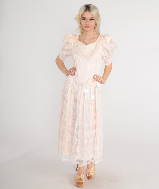 80s Gunne Sax Midi Dress Pink Lace Puff Sleeve Basque Waist Medium