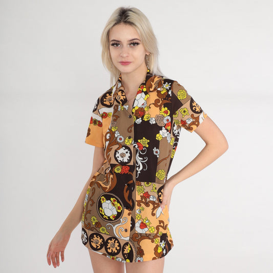 70s Floral Print Button-Up Shirt Brown Tonal Collar Short Sleeve Small