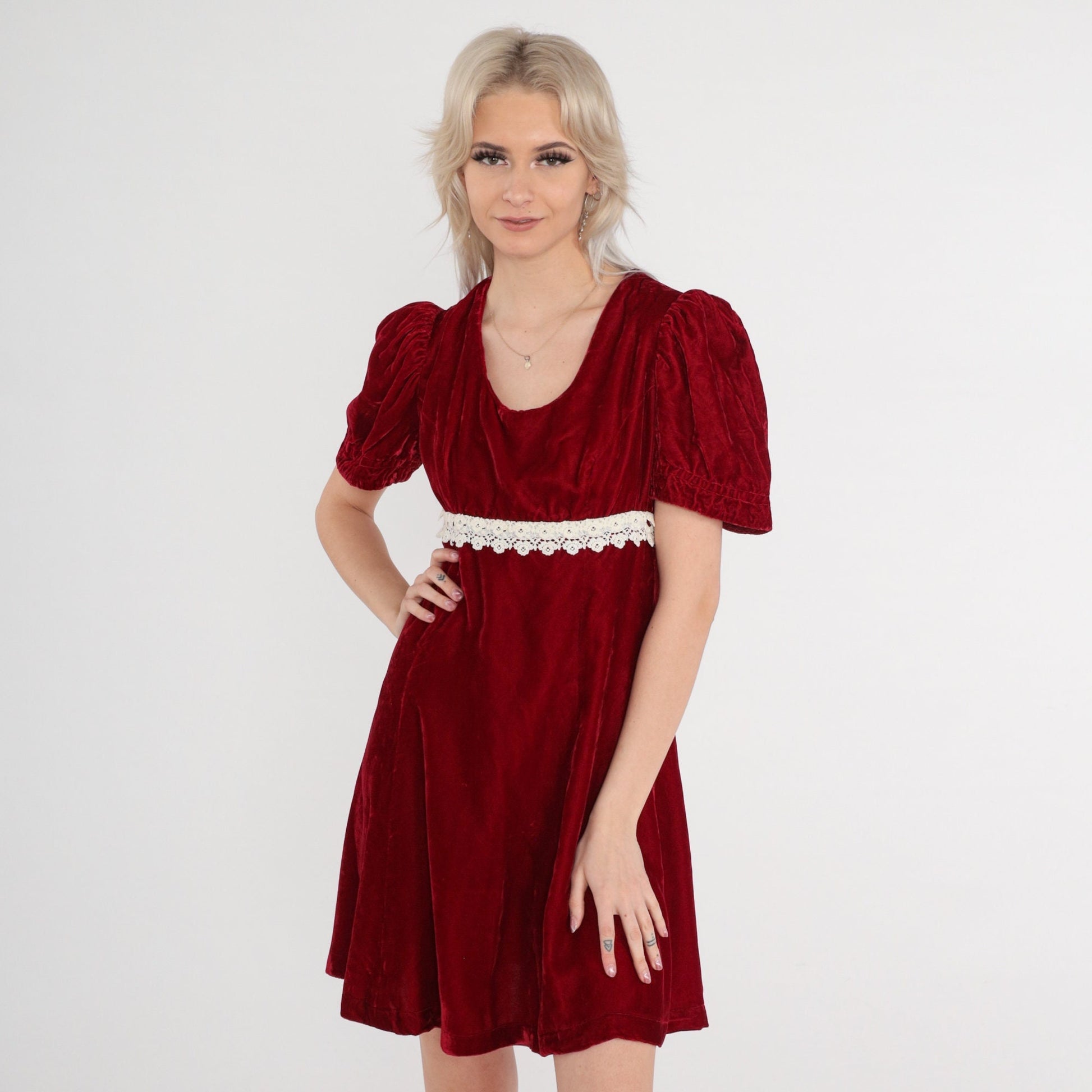 70s Red Velvet Mini Dress Puff Sleeve Empire Waist Lace Trim Small