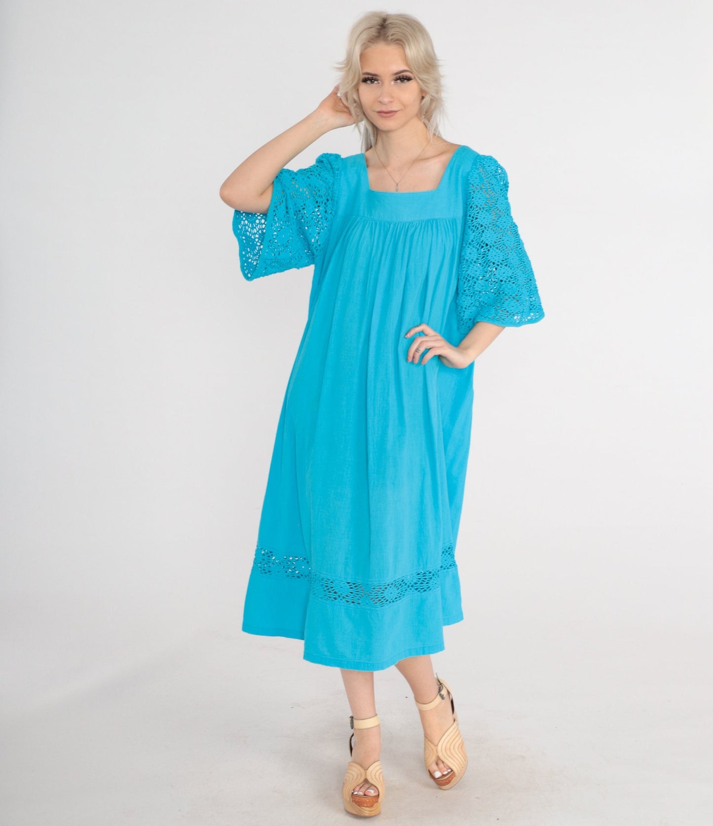 90s Turquoise Cotton Midi Dress Cutout Lace Bell Sleeve Tent Cut Medium M