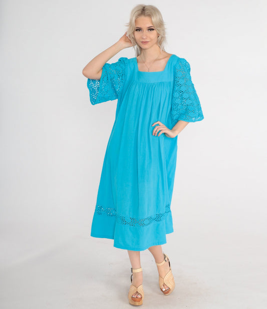 90s Turquoise Cotton Midi Dress Cutout Lace Bell Sleeve Tent Cut Medium M