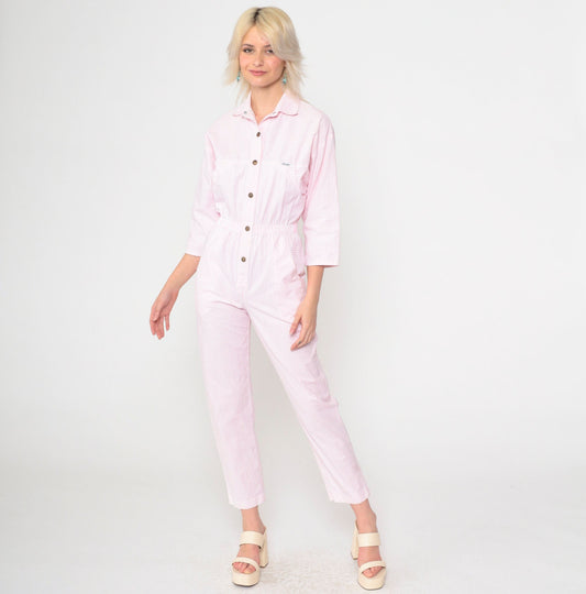 80s Ideas Pink White Striped Jumpsuit High Waisted Tapered Small