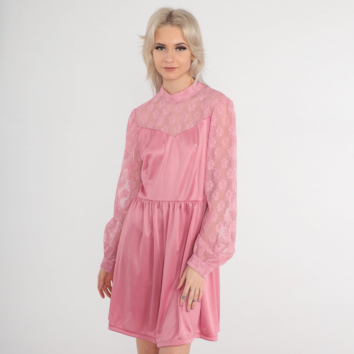 70s Pink Mini Dress Lace Neckline High Waist Long Sleeve Medium