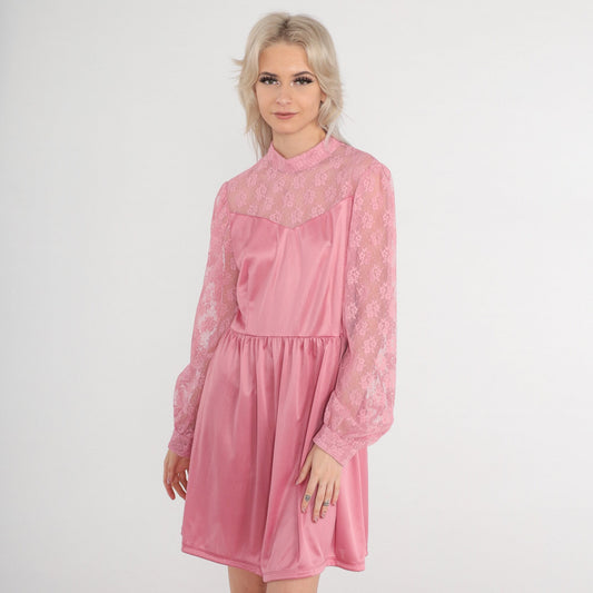 70s Pink Mini Dress Lace Neckline High Waist Long Sleeve Medium