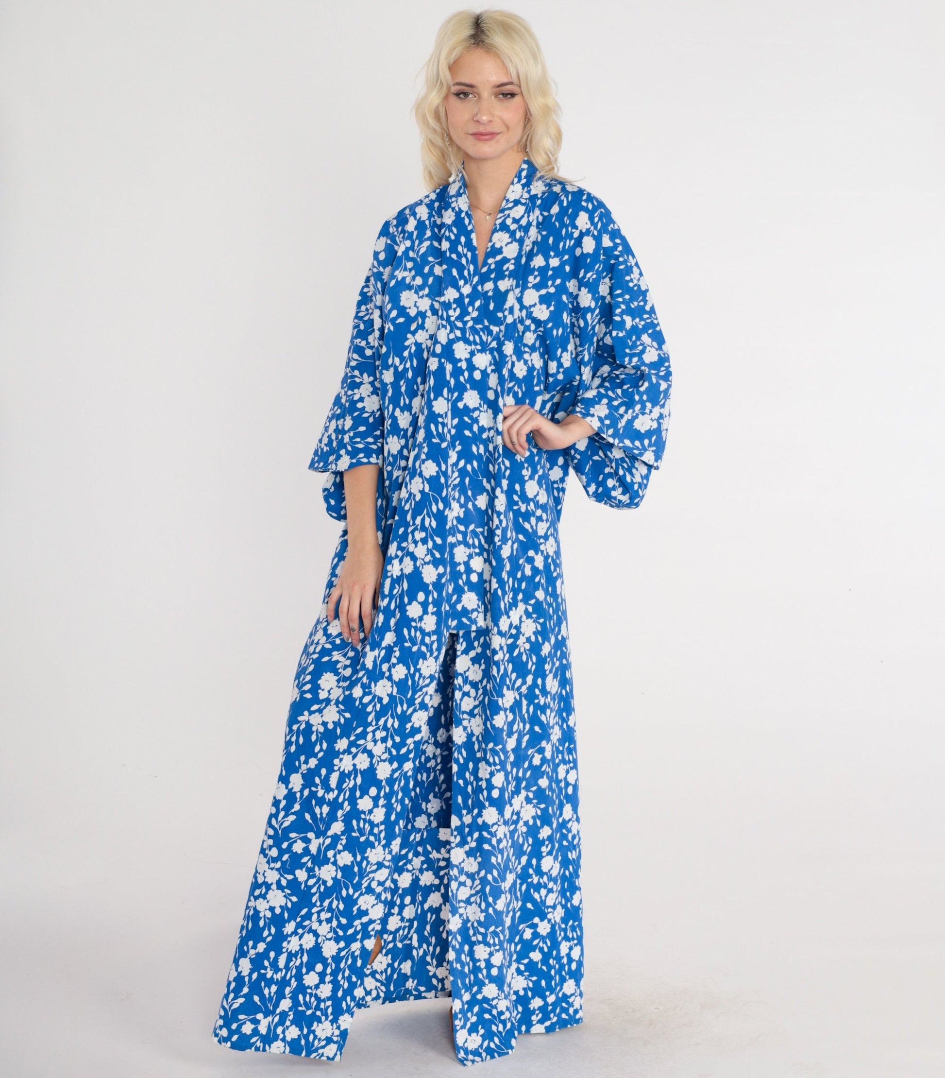 80s Blue Floral Cotton Kimono Robe Maxi Length Open Front Extra Large