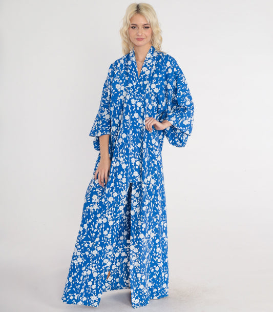 80s Blue Floral Cotton Kimono Robe Maxi Length Open Front Extra Large