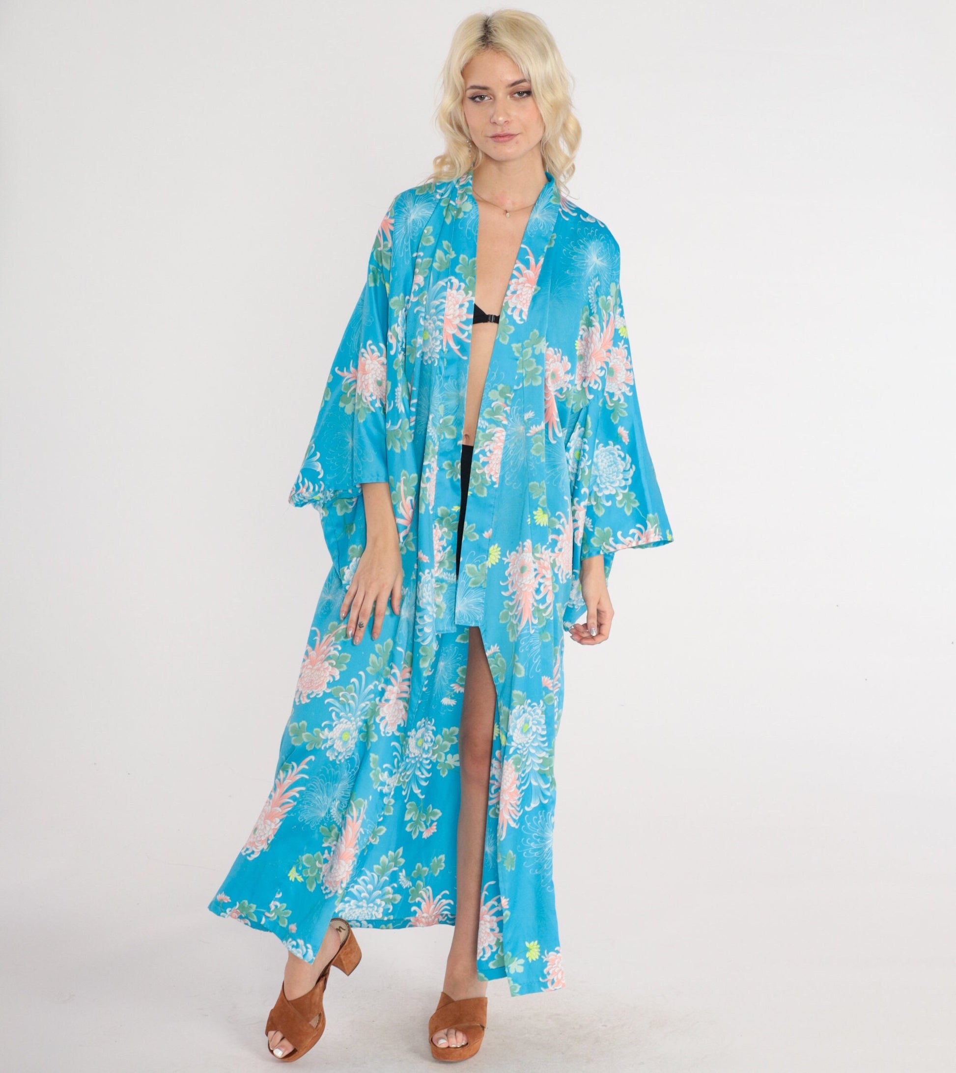 90s Blue Floral Kimono Robe Maxi Open Front Japanese Print Medium Large