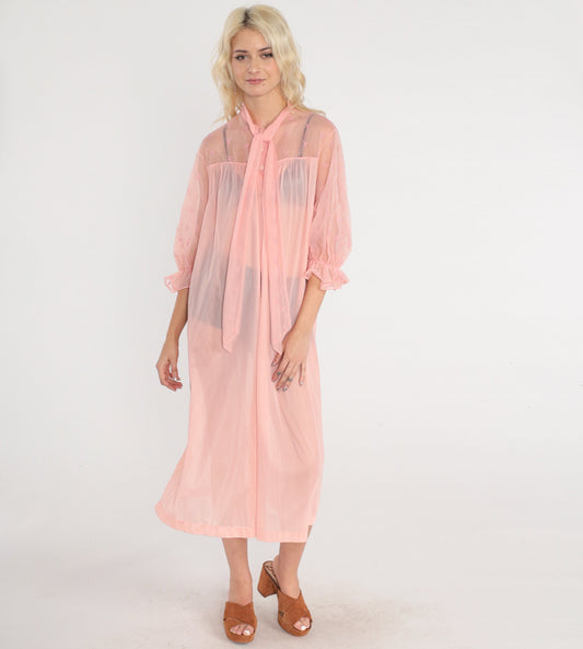 70s Vanity Fair Sheer Pink Lingerie Robe Embroidered Midi Peignoir Medium