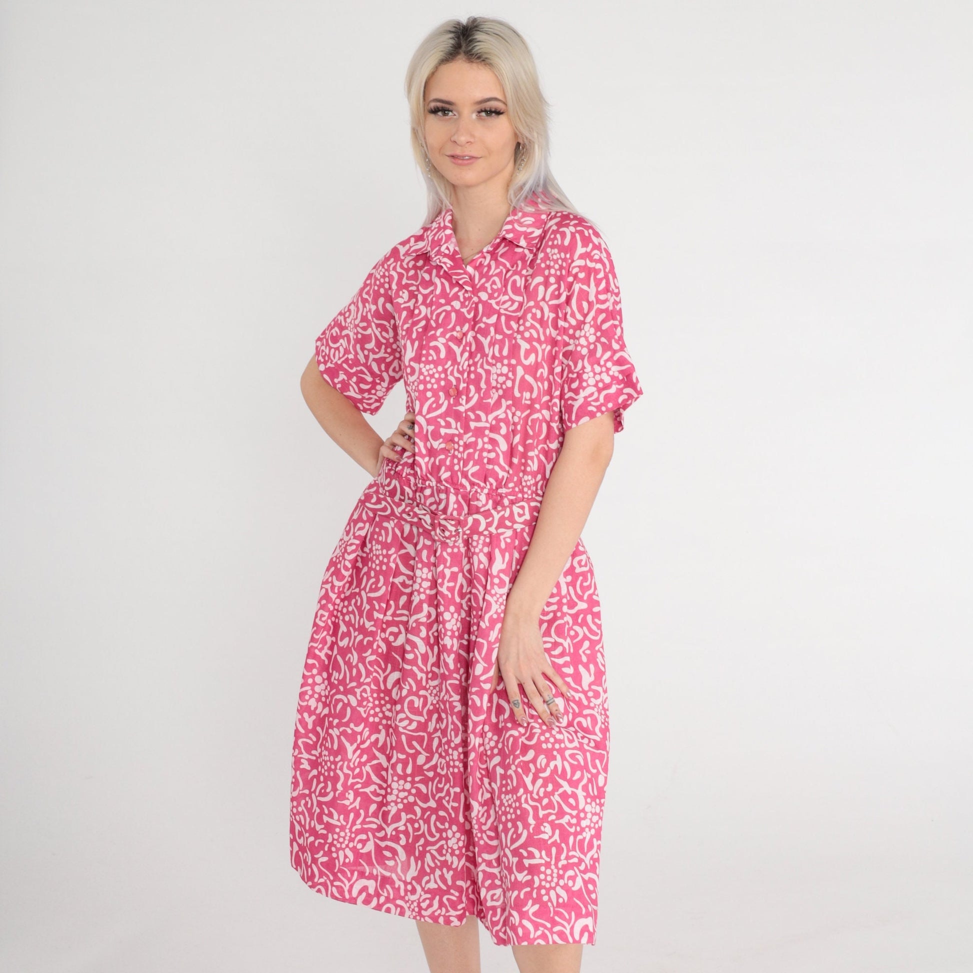 80s Leslie Fay Pink Floral Midi Shirtwaist Dress High Waisted Belted Medium