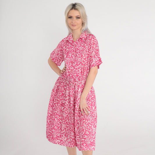 80s Leslie Fay Pink Floral Midi Shirtwaist Dress High Waisted Belted Medium