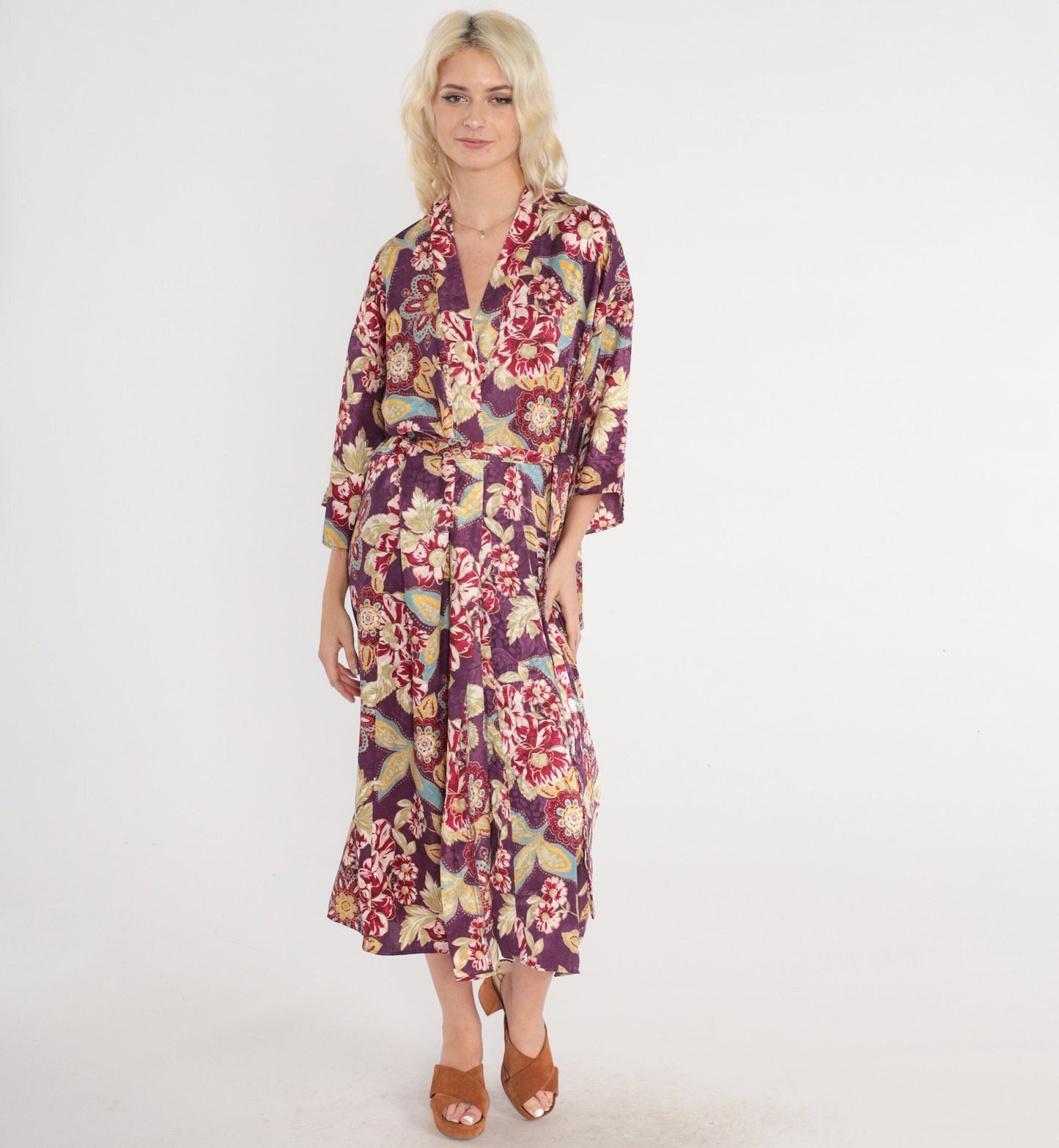 90s Purple Floral Midi Robe Tie Front Pajama Lounge Medium M