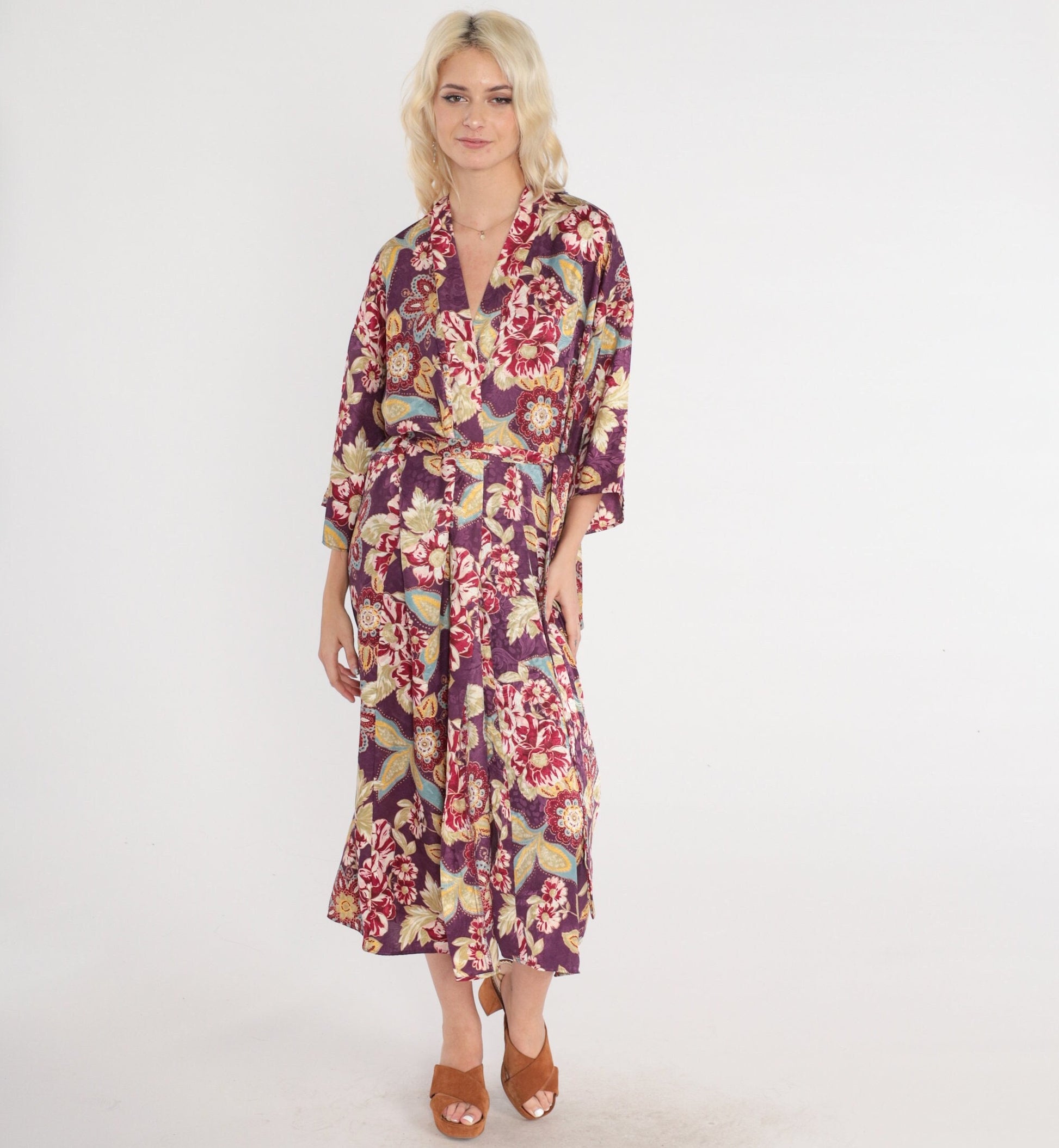 90s Purple Floral Midi Robe Tie Front Pajama Lounge Medium M