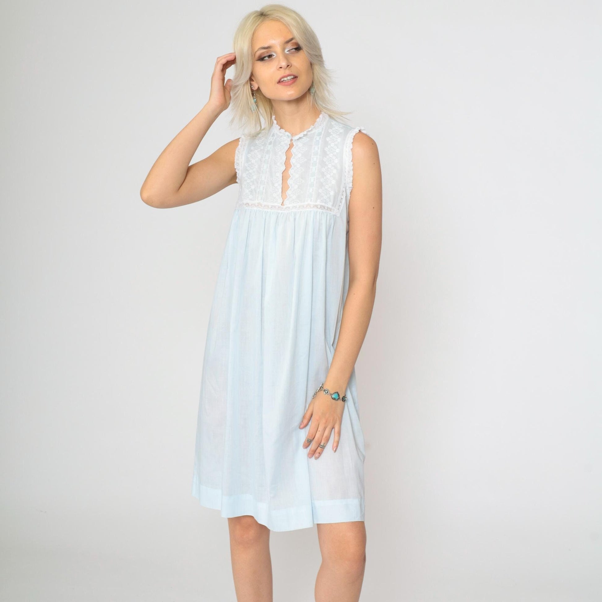 80s Christian Dior Baby Blue Floral Embroidered Nightgown Mini Sleeveless Small