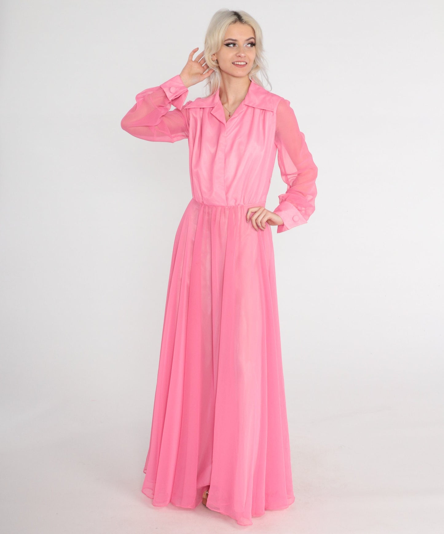 1970s Pink Chiffon Maxi Dress High Waist Button Front Long Sleeve Small