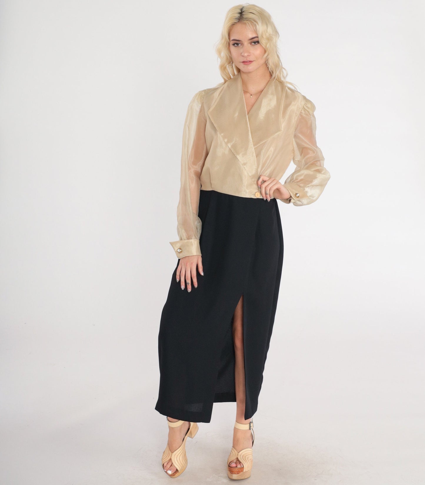 90s Metallic Gold Black Maxi Dress Sheer Sleeve Wrap Collar High Slit Small