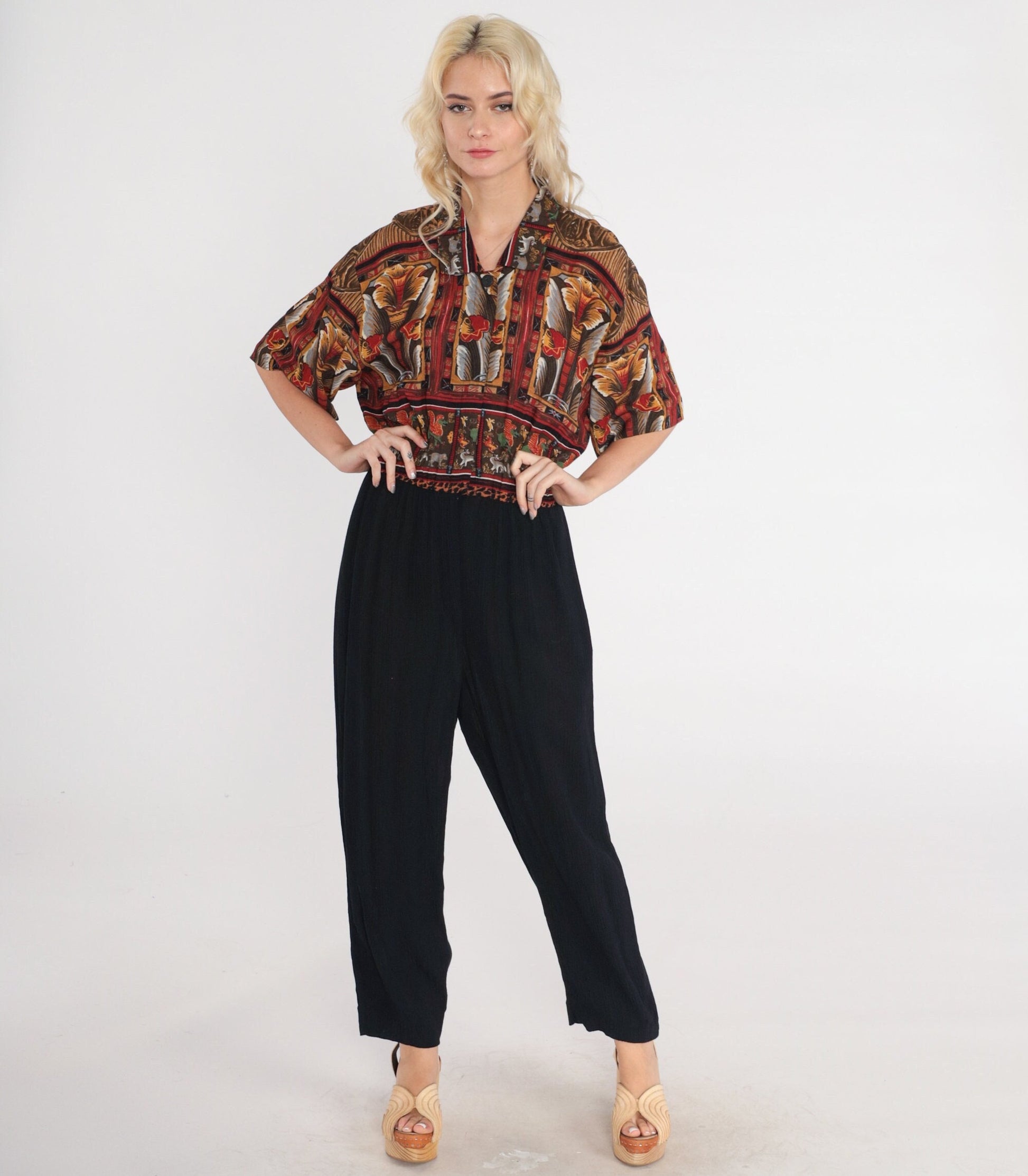 90s Phoebe Abstract Floral Griffin Jumpsuit High-Waisted Tapered Black Large