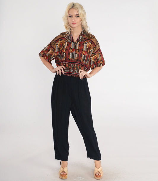 90s Phoebe Abstract Floral Griffin Jumpsuit High-Waisted Tapered Black Large