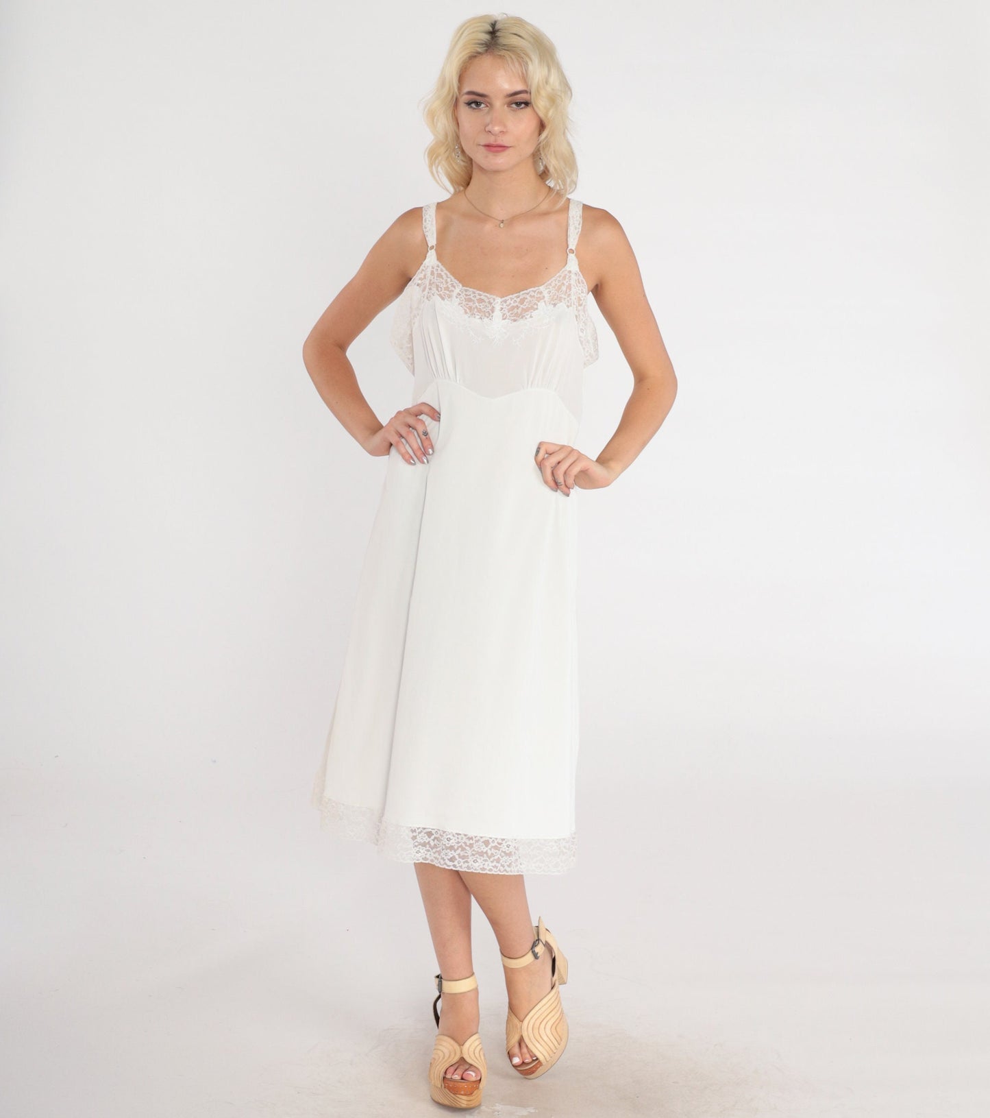 70s White Lace Trim Slip Dress Empire Waist Midi Nylon Nightgown Medium M