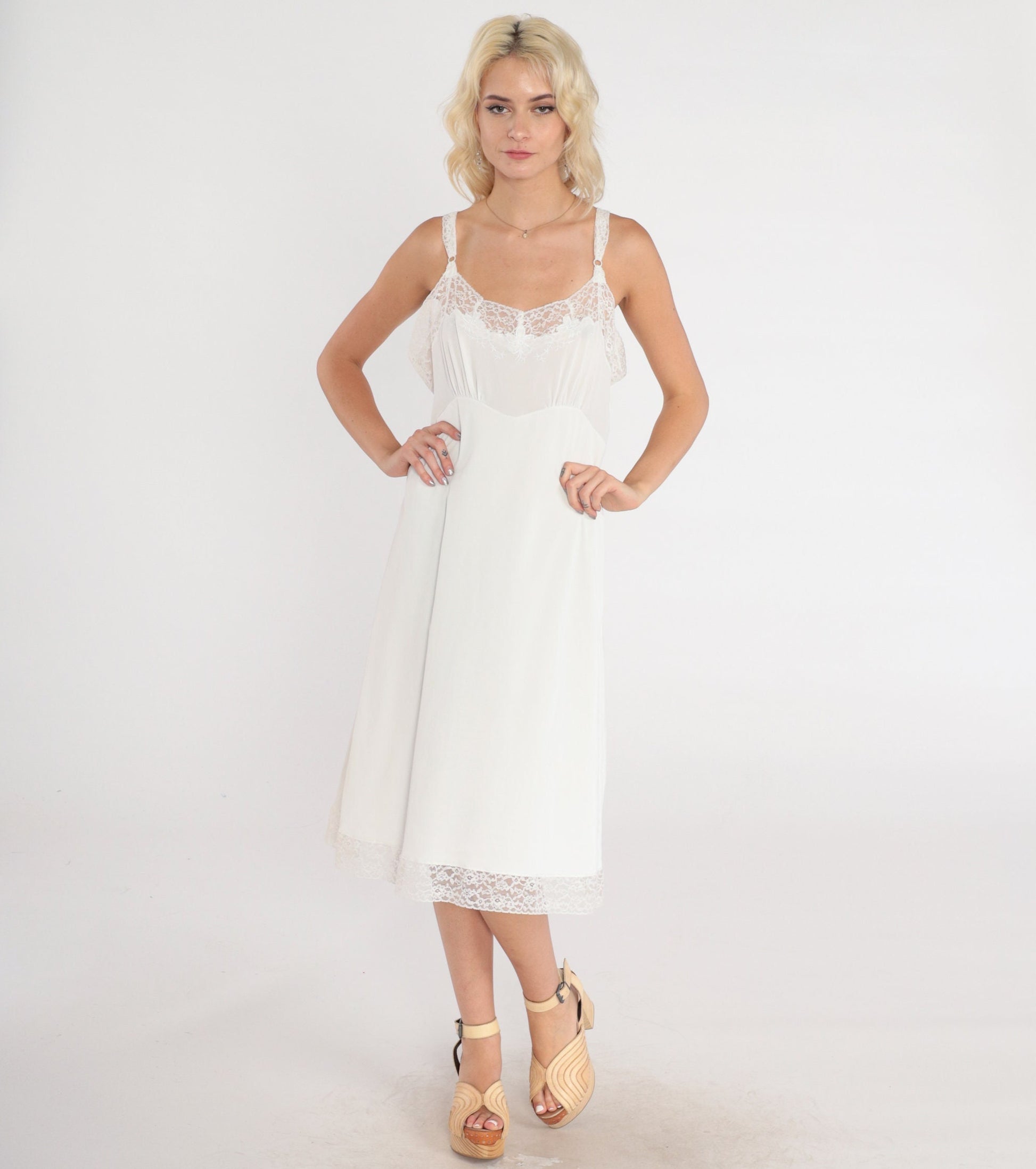 70s White Lace Trim Slip Dress Empire Waist Midi Nylon Nightgown Medium M