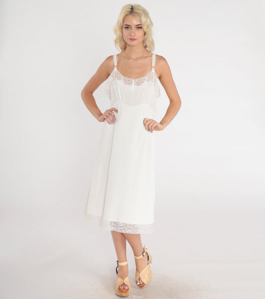 70s White Lace Trim Slip Dress Empire Waist Midi Nylon Nightgown Medium M