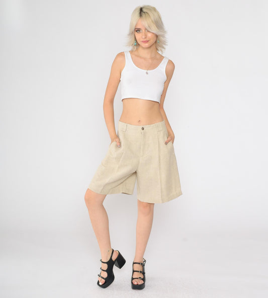 90s Liz Claiborne Pleated Shorts Beige Linen High Waist Medium