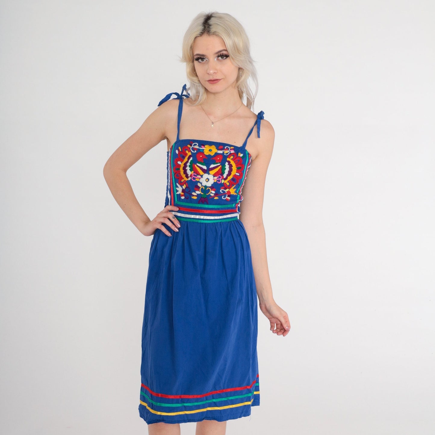 70s Mexican Embroidered Peacock Midi Dress Blue Cotton Smocked Small