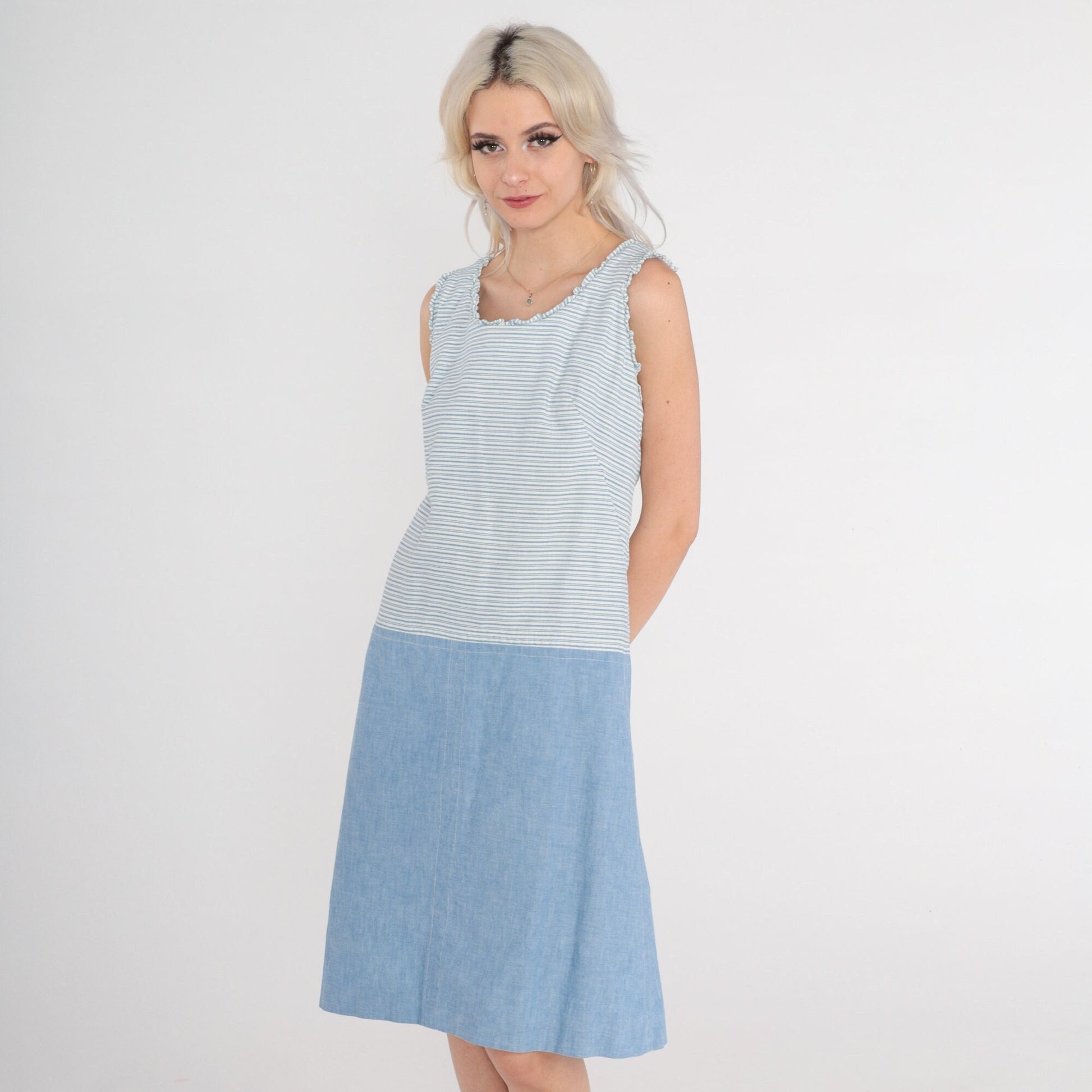 60s Mod Shift Dress Blue White Striped Mini Drop Waist Sleeveless Small
