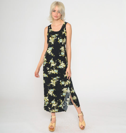 90s R&K Originals Black Floral Rayon Dress Sleeveless Ankle Length Medium