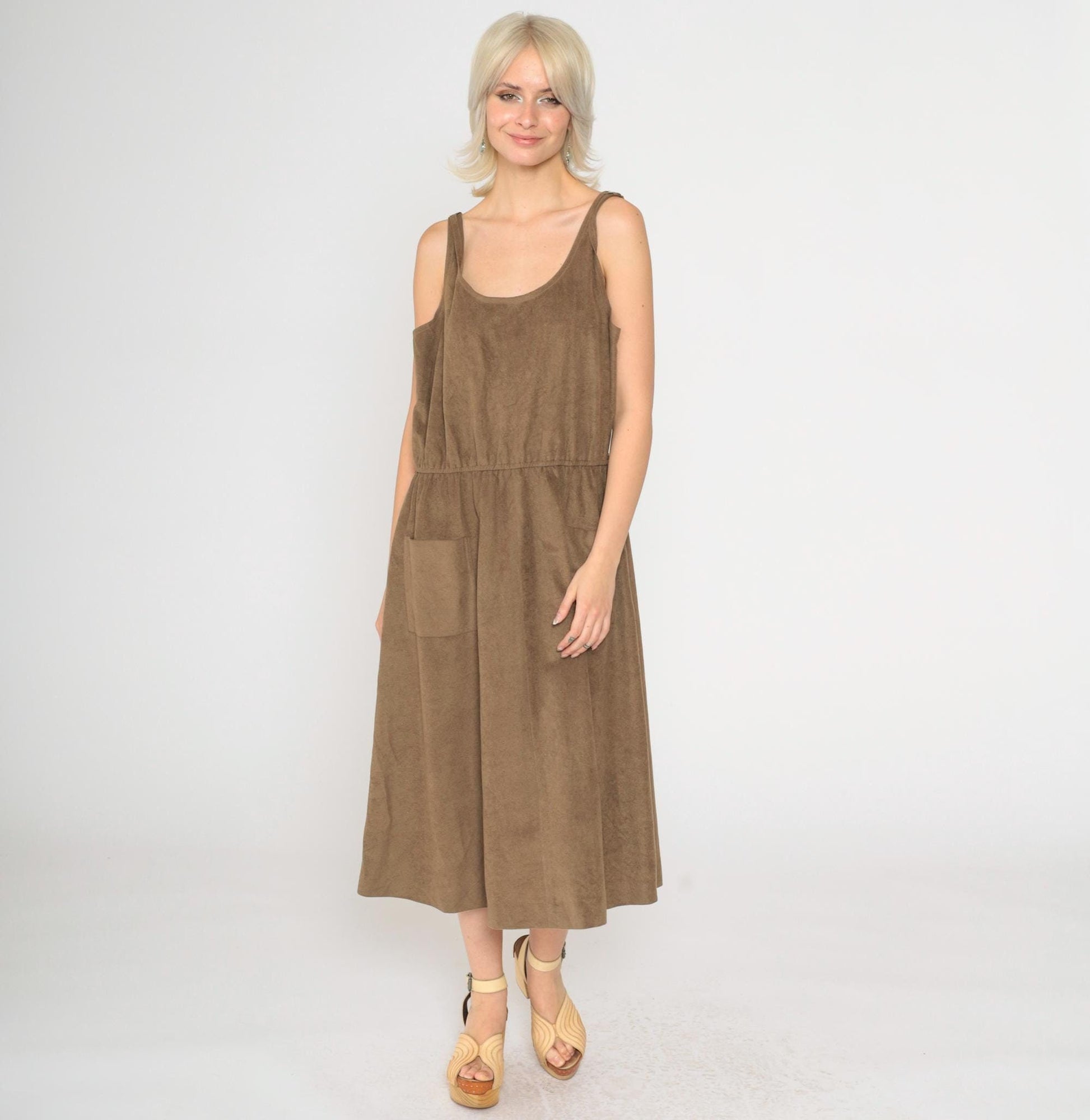 80s Brown Faux Suede Midi Dress Sleeveless Scoop Neck High Waist Medium Large