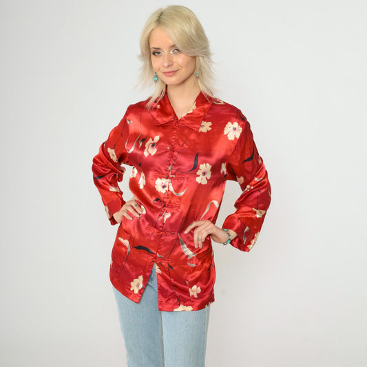 90s Neiman Marcus Red Floral Satin Blouse Frog Closures Ombre Medium