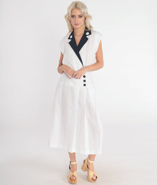 80s White Midi Wrap Dress Black Collar Cap Sleeve Button-Up Small
