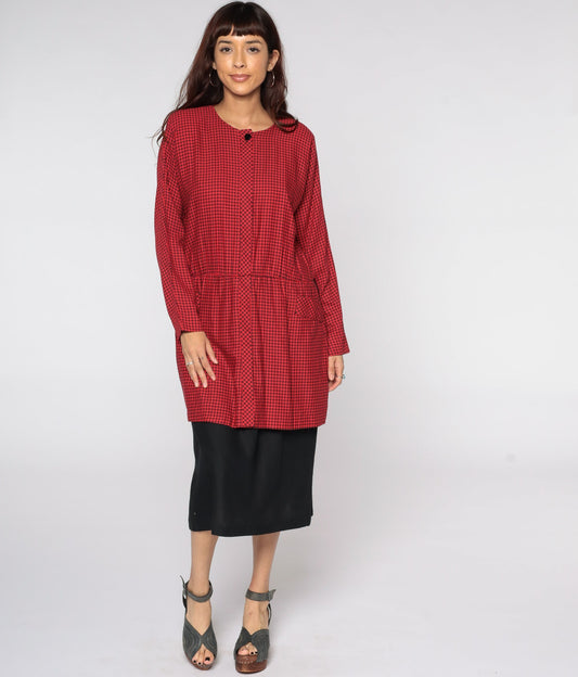 80s Red Gingham Midi Dress Long Sleeve Checkered Plaid Large