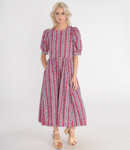 90s Laura Ashley Red Striped Leaf Print Midi Dress Puff Sleeve Medium