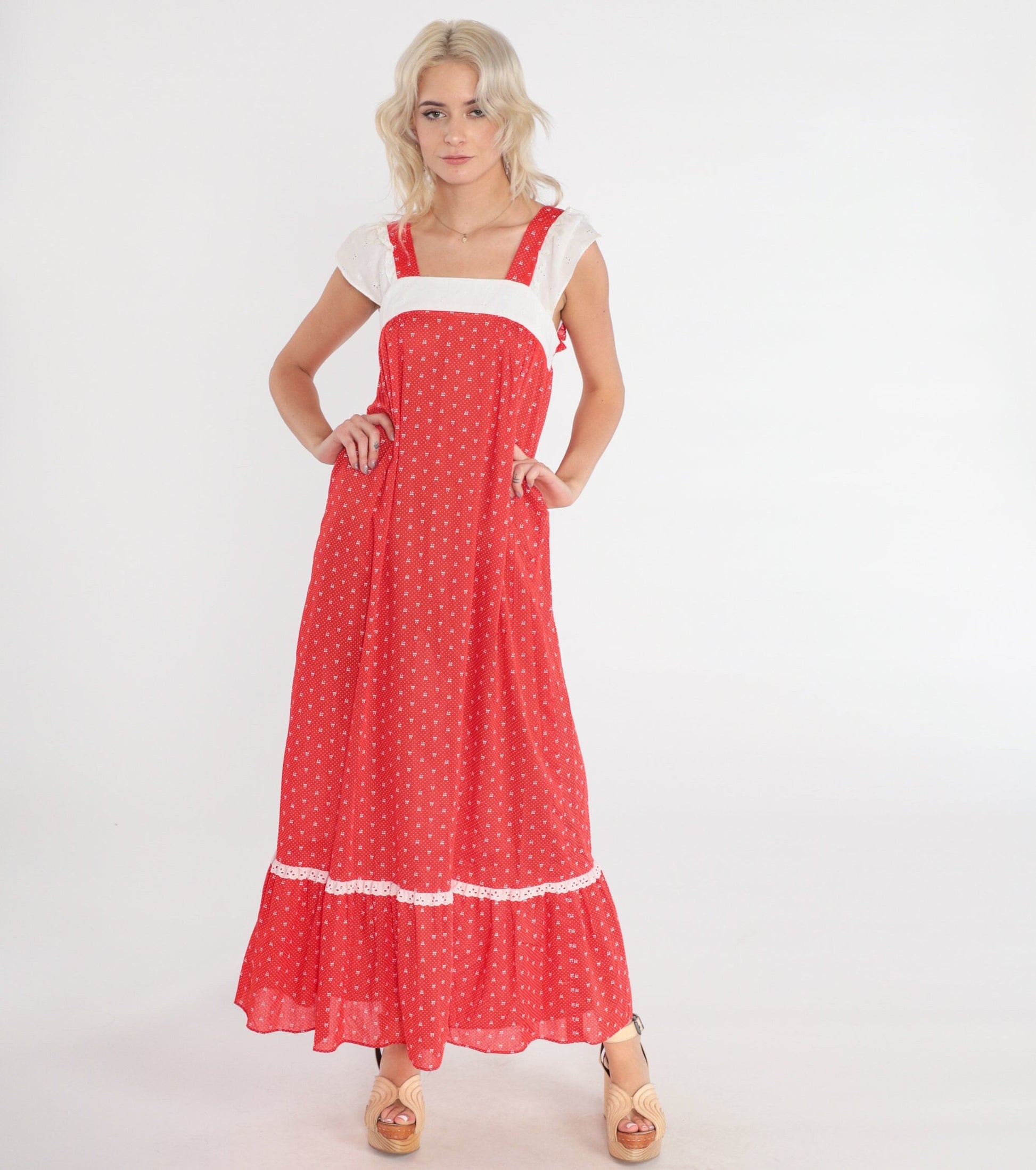 70s Red Maxi Dress Polka Dot Bow Print Eyelet Lace Cap Sleeve Extra Small