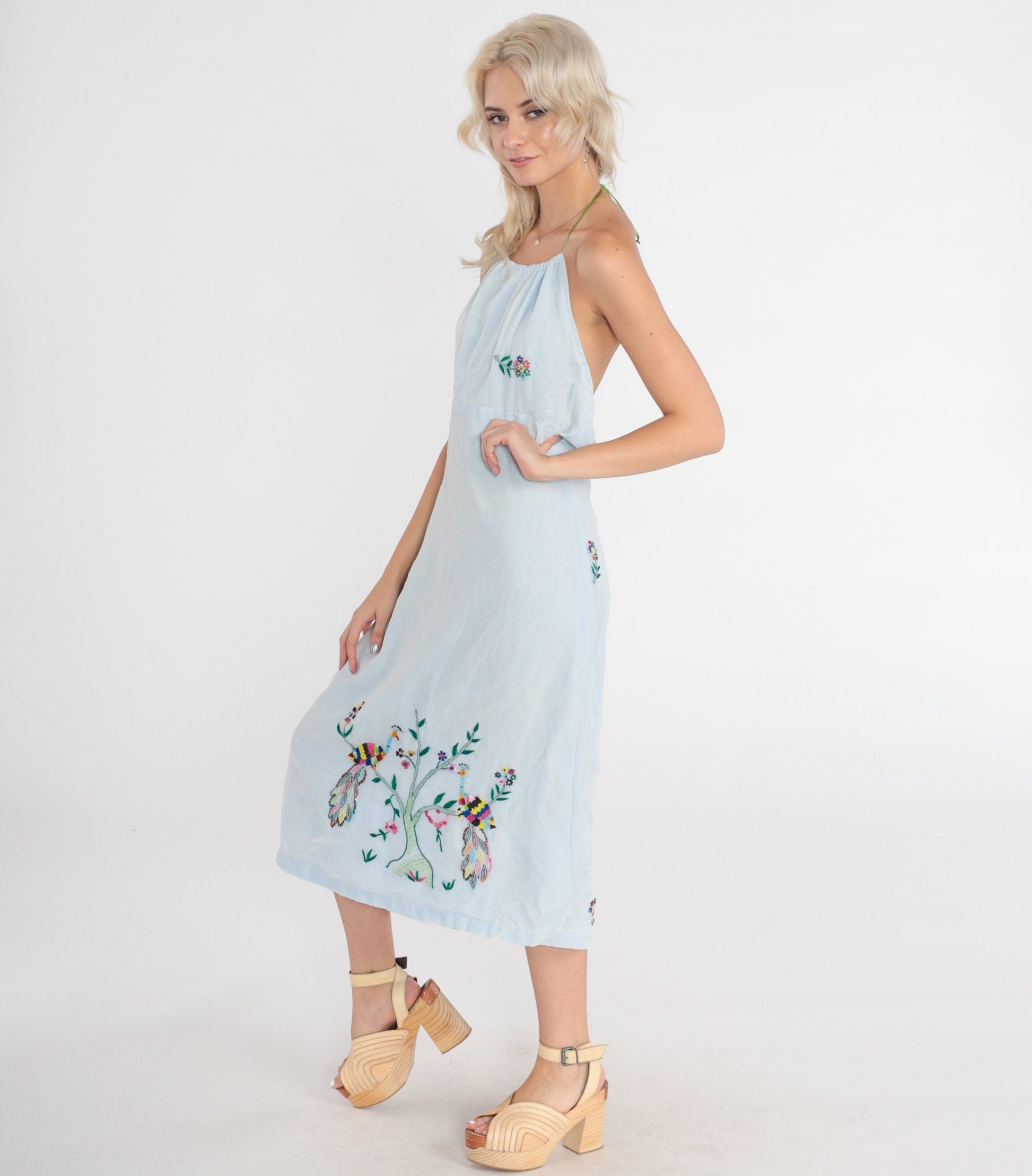 70s Blue Floral Peacock Embroidered Halter Midi Dress Open Back Empire Waist Small