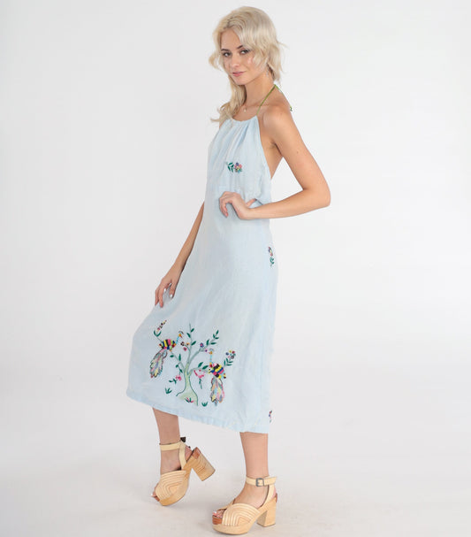 70s Blue Floral Peacock Embroidered Halter Midi Dress Open Back Empire Waist Small