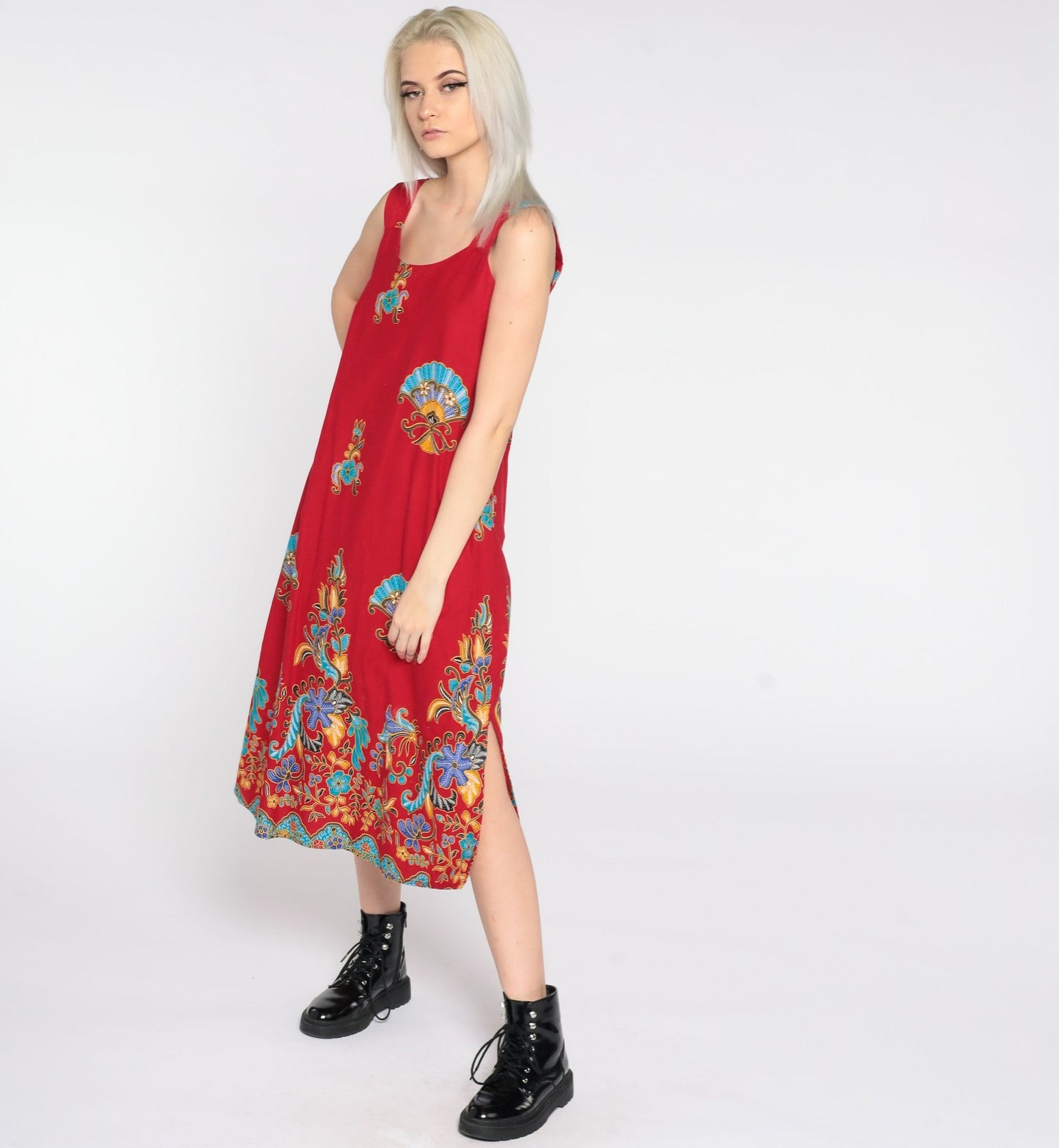 90s Red Floral Midi Dress Sleeveless Sheath Sundress Small