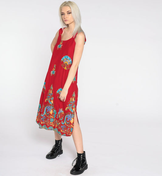 90s Red Floral Midi Dress Sleeveless Sheath Sundress Small