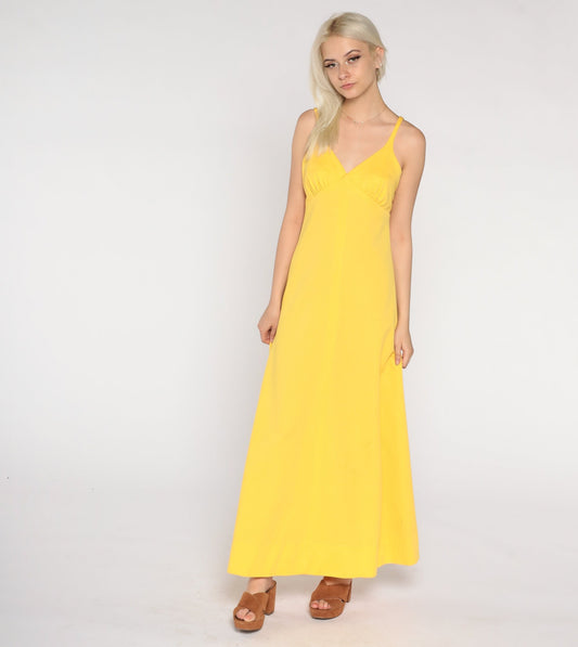 70s Yellow Maxi Dress Empire Waist Sleeveless A-Line Medium