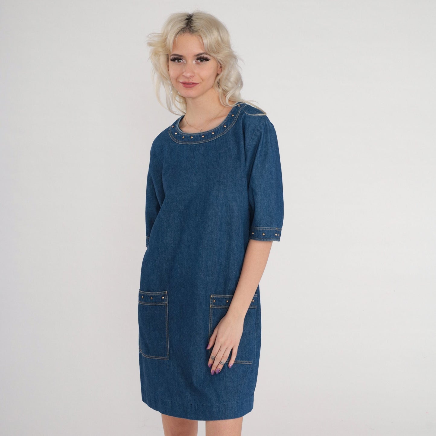 90s Blue Denim Mini Dress Gold Studs Short Sleeve Shift Medium M