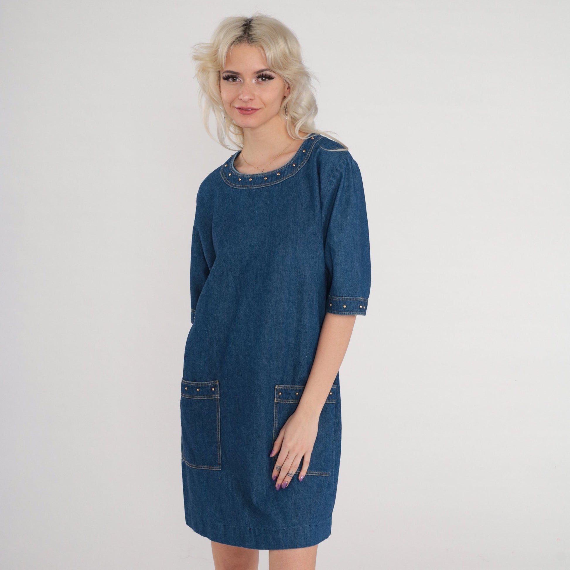 90s Blue Denim Mini Dress Gold Studs Short Sleeve Shift Medium M
