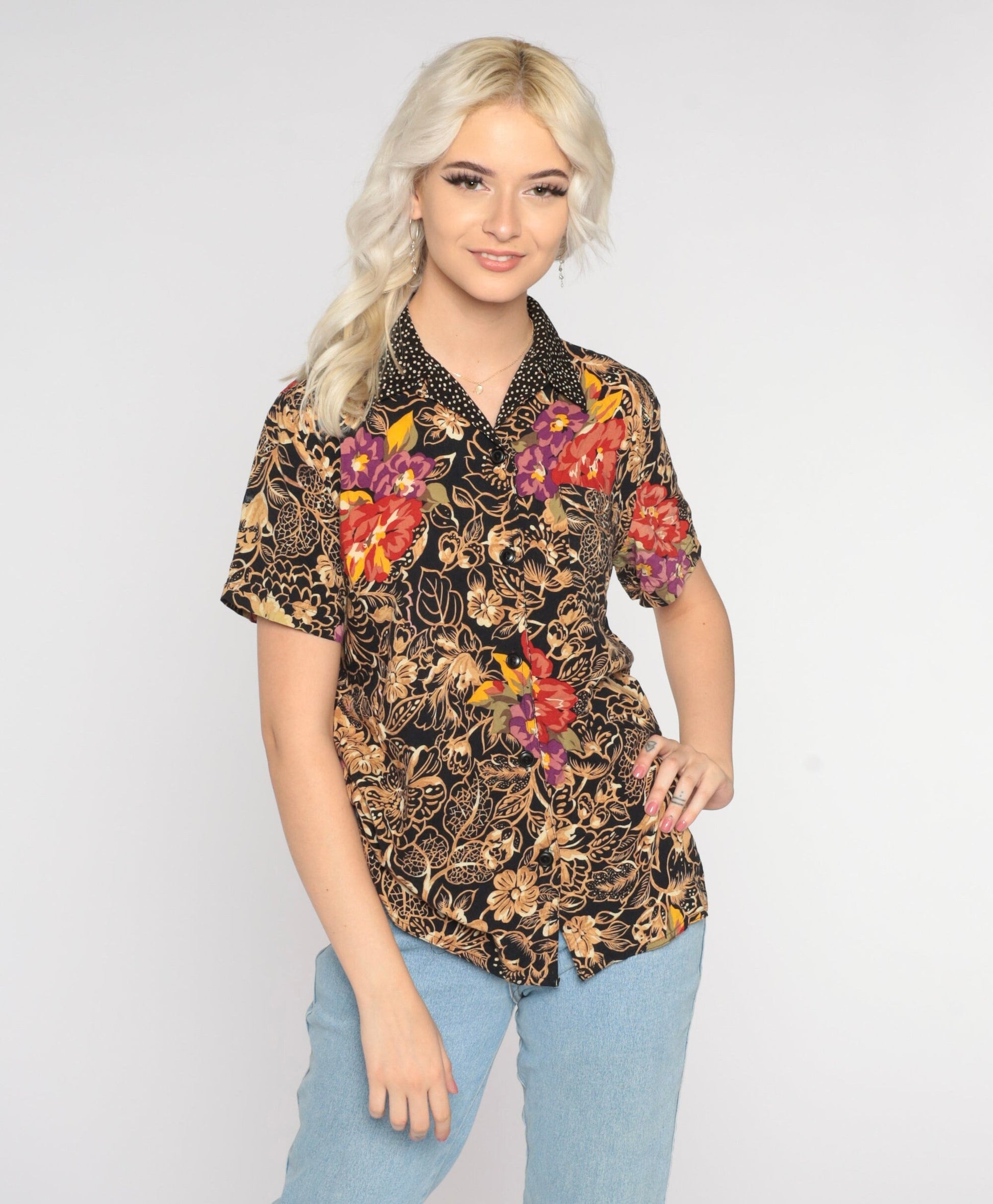 90s Floral Leaf Polka Dot Button-Up Blouse Black Short Sleeve Small