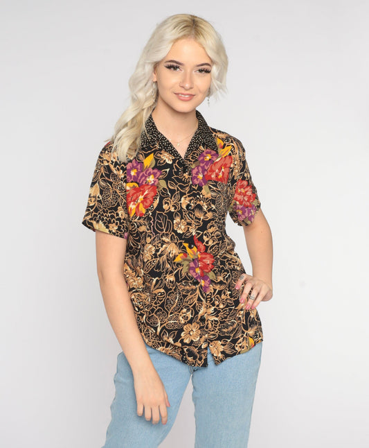 90s Floral Leaf Polka Dot Button-Up Blouse Black Short Sleeve Small