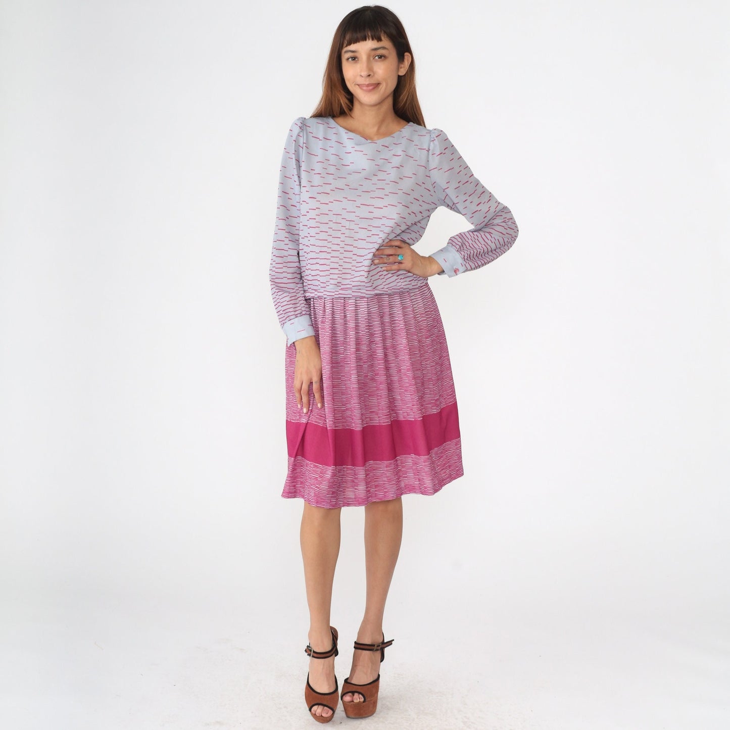 80s Puff Sleeve Midi Dress Periwinkle Hot Pink Drop Waist Small Medium