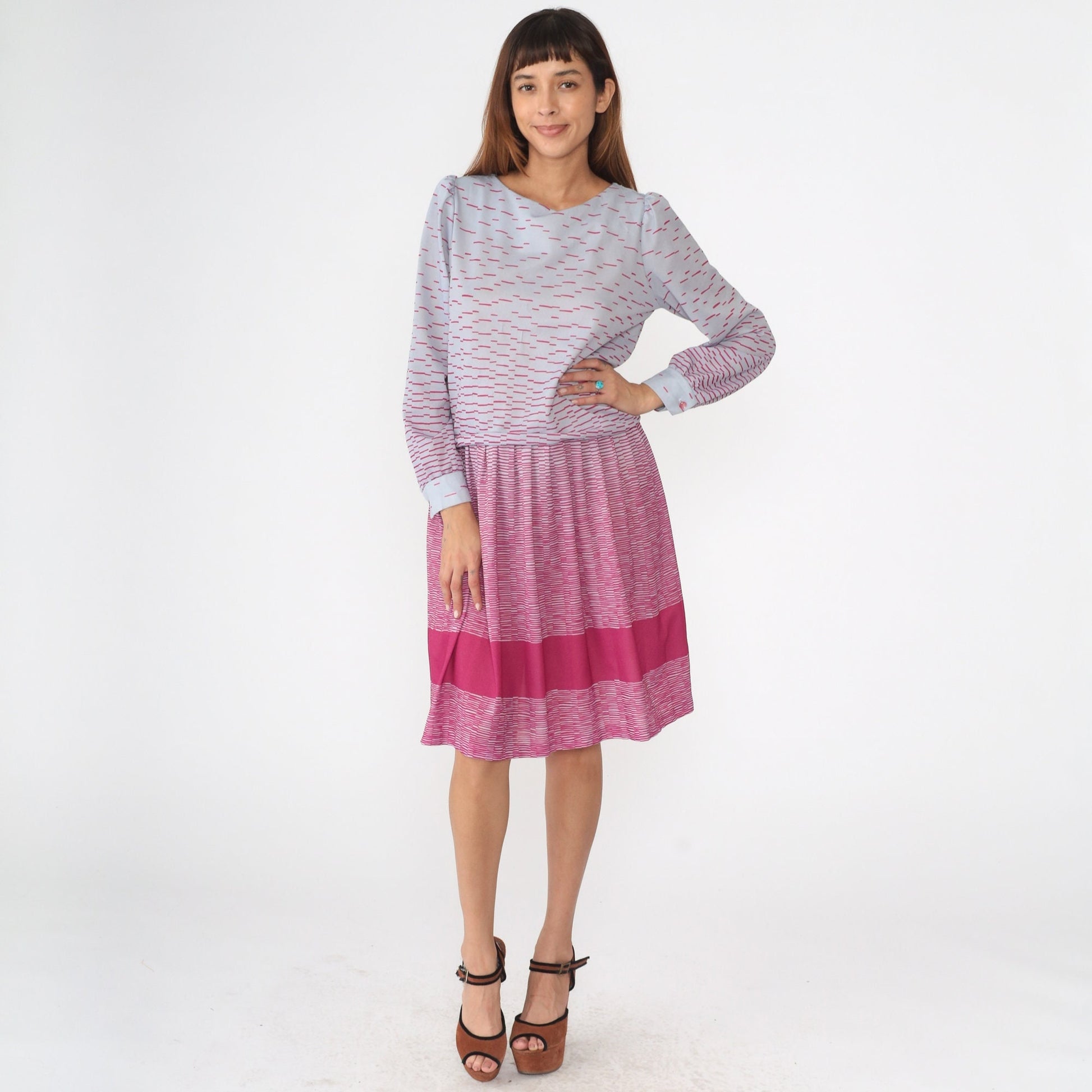 80s Puff Sleeve Midi Dress Periwinkle Hot Pink Drop Waist Small Medium